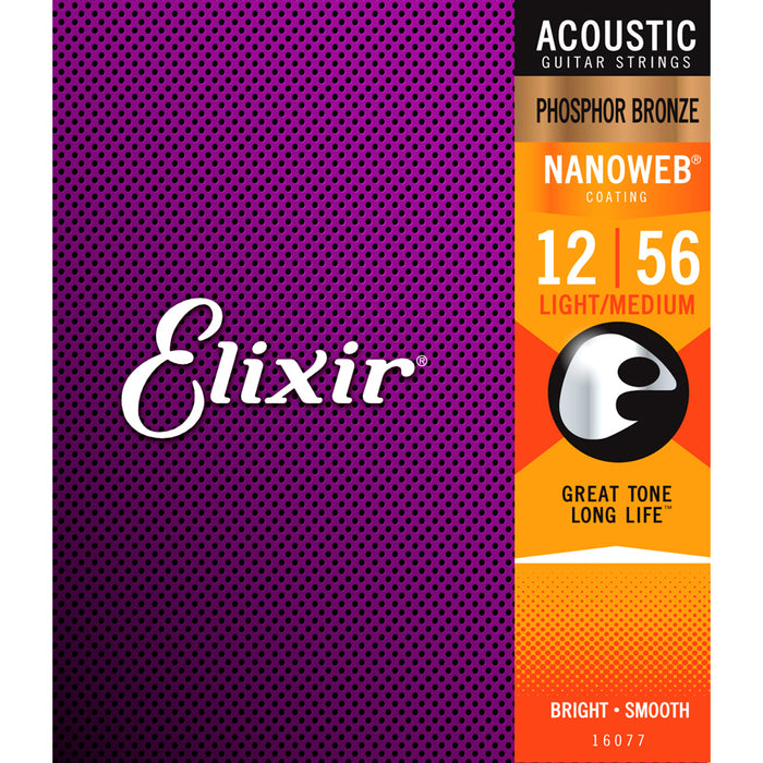 Elixir Nanoweb Phosphor Bronze Acoustic Guitar Strings – Light Medium 12-56