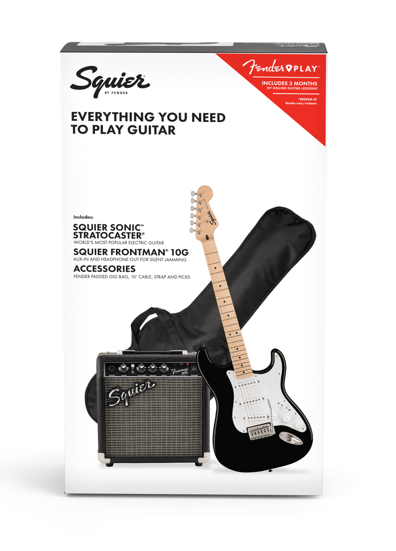 Squier Sonic Stratocaster Pack with 10 Watt Amplifer, Bag, Cable, Strap, Picks - Black