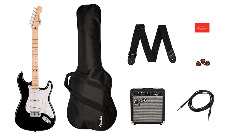 Squier Sonic Stratocaster Pack with 10 Watt Amplifer, Bag, Cable, Strap, Picks - Black