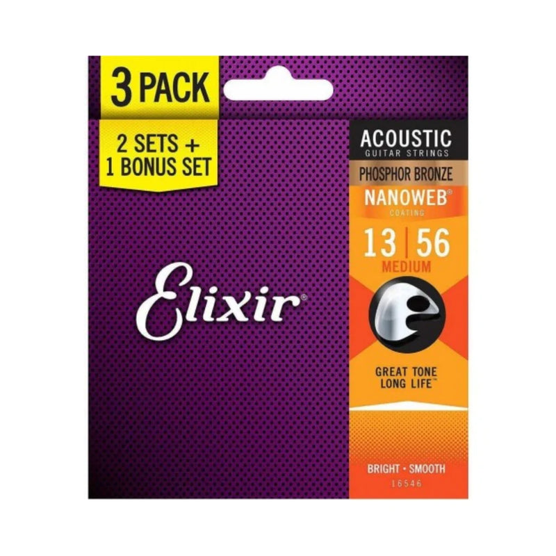 Elixir Nanoweb Phosphor Bronze 3 PACK Acoustic Guitar Strings – Medium 13-56