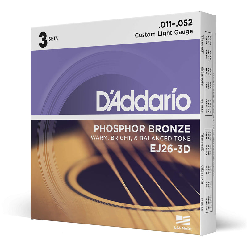 D'addario Acoustic Guitar Strings 3 Pack Set - 11-52 Custom Light