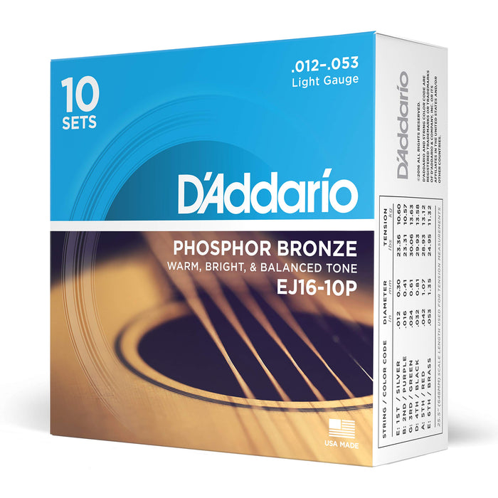 D'addario Acoustic Guitar Strings 10 Pack Set - 12-53 Light