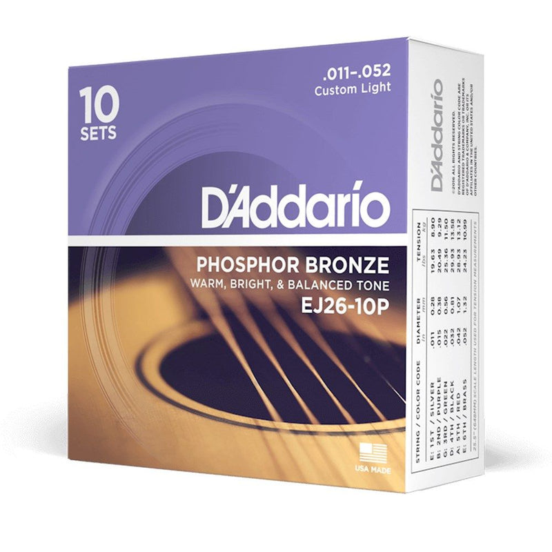 D'addario Acoustic Guitar Strings 10 Pack Set - 11-52 Custom Light