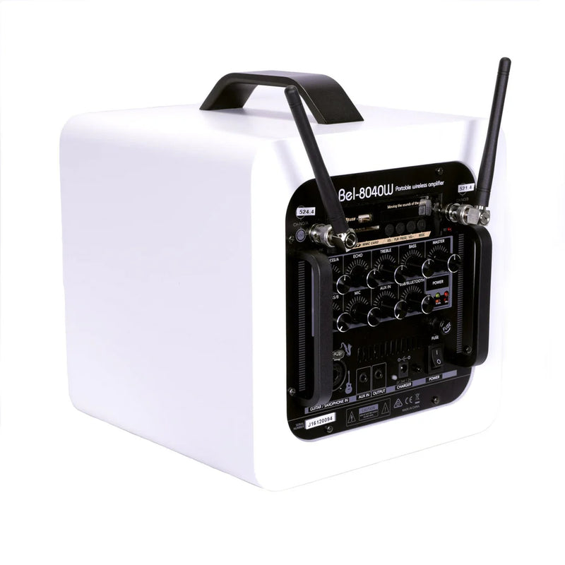 Belcat Compact 40 Watt Two-Channel Rechargeable Wireless PA System With Wireless Handheld Microphone, Carry Bag and Speaker Stand - White
