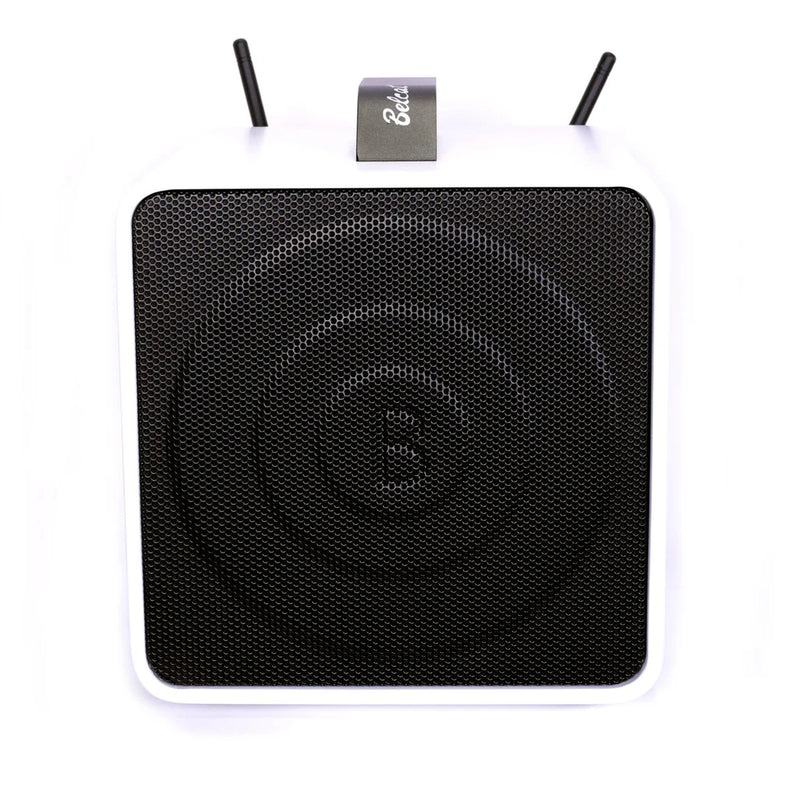 Belcat Compact 40 Watt Two-Channel Rechargeable Wireless PA System With Wireless Handheld Microphone, Carry Bag and Speaker Stand - White