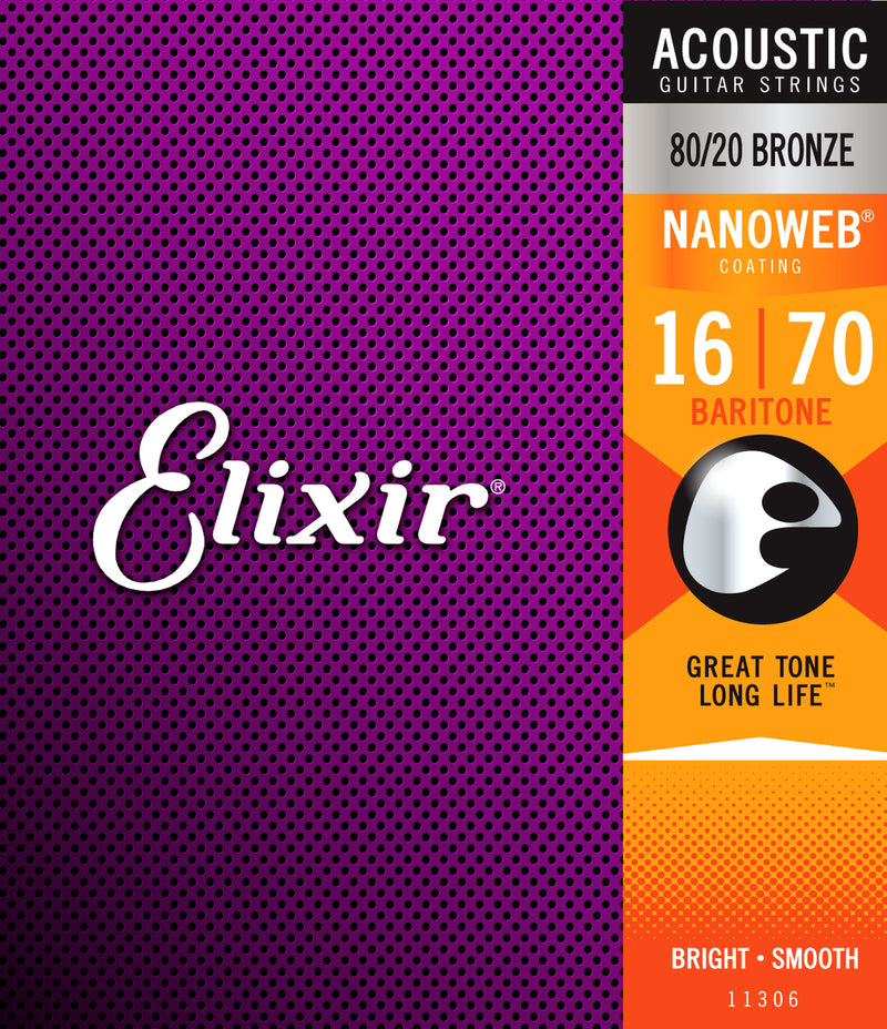 Elixir 11306 Nanoweb 80/20 Bronze Baritone Acoustic Strings 16–70