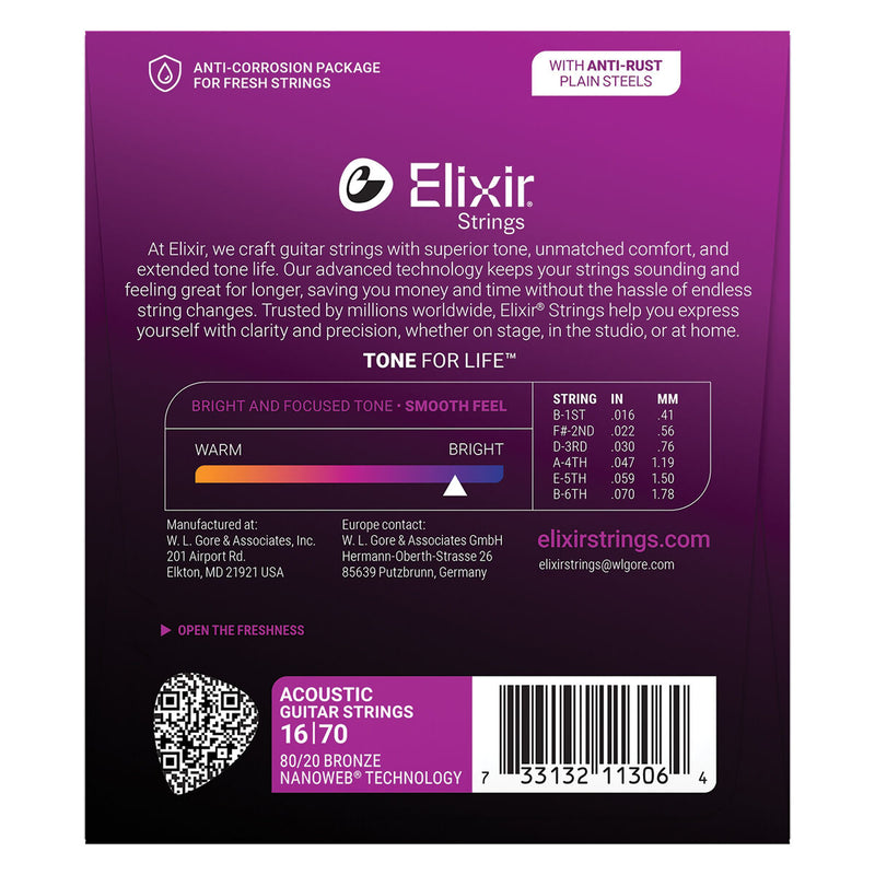 Elixir 11306 Nanoweb 80/20 Bronze Baritone Acoustic Strings 16–70
