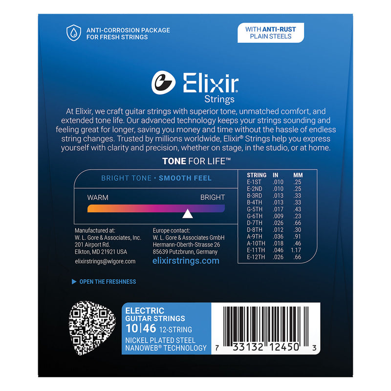 Elixir Nanoweb 12 String Electric Guitar Strings – Light 10-46