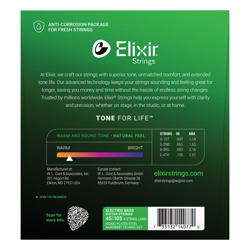 Elixir Nanoweb Nickel Plated Bass Strings 45-105 Medium