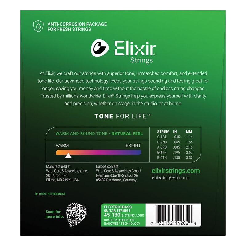 Elixir Nanoweb Nickel Plated 5-String Bass Strings 45-130 Light