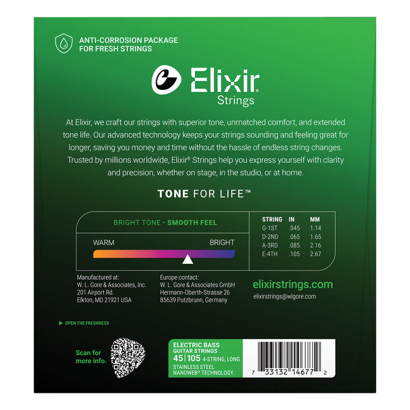 Elixir Nanoweb Stainless Steel Bass Guitar Strings 45-105 Medium