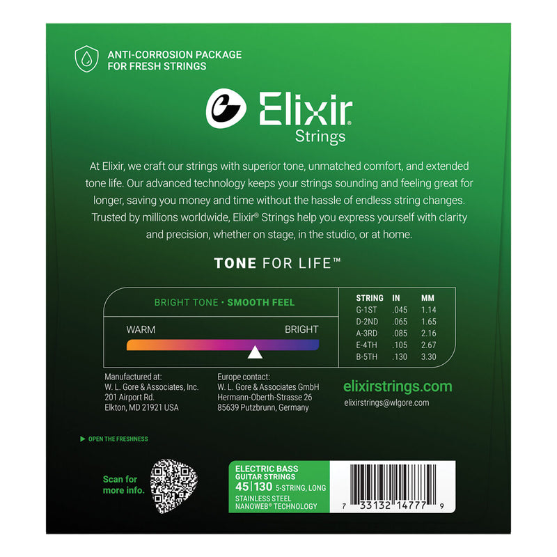 Elixir Nanoweb Stainless Steel 5-String Bass Strings 45-130 Medium-Light