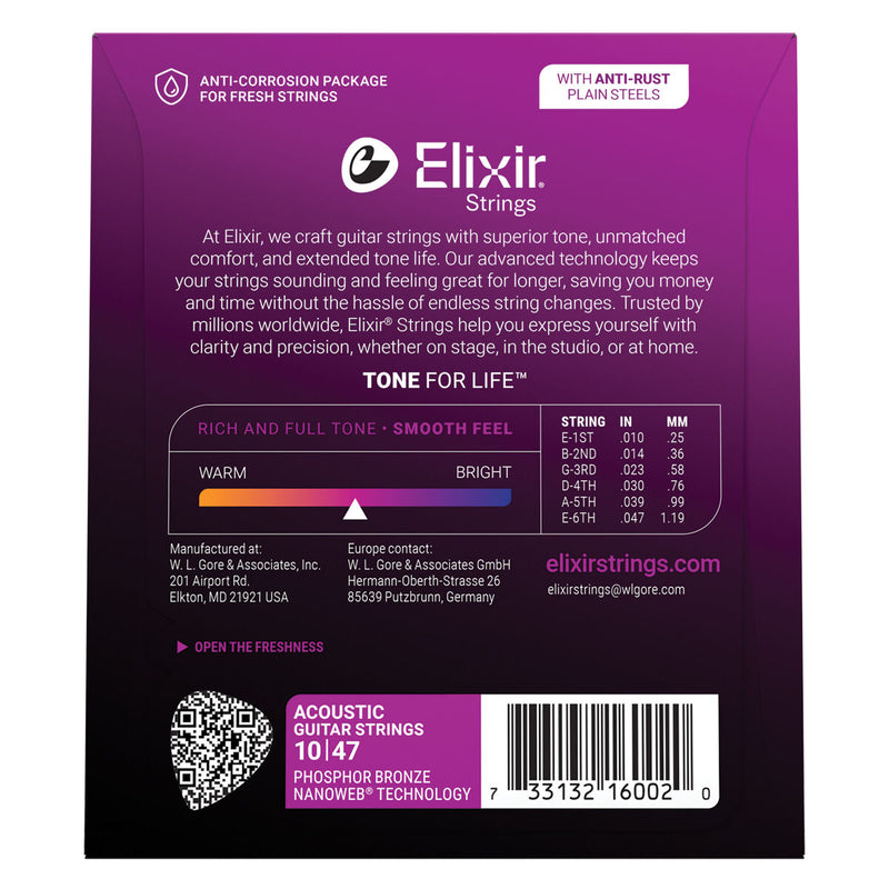 Elixir Nanoweb Phosphor Bronze Acoustic Guitar Strings – Extra Light 10 - 47