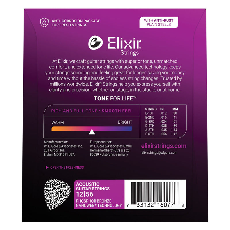 Elixir Nanoweb Phosphor Bronze Acoustic Guitar Strings – Light Medium 12-56