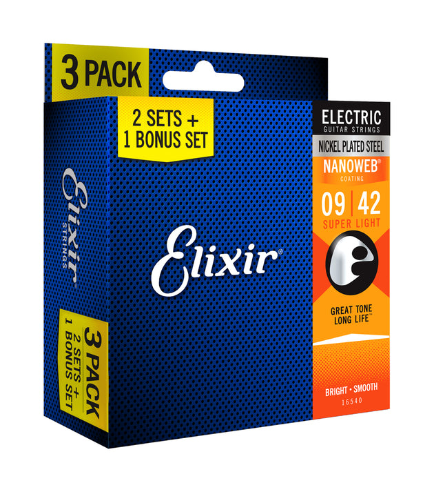 Elixir Nanoweb 3 PACK Electric Guitar Strings – Super Light 9-42
