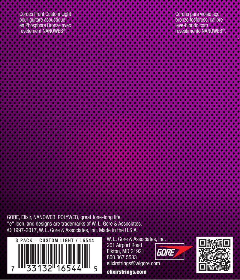 Elixir Nanoweb Phosphor Bronze 3 PACK Acoustic Guitar Strings – Custom Light 11-52