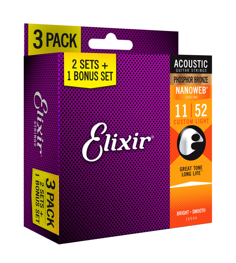 Elixir Nanoweb Phosphor Bronze 3 PACK Acoustic Guitar Strings – Custom Light 11-52