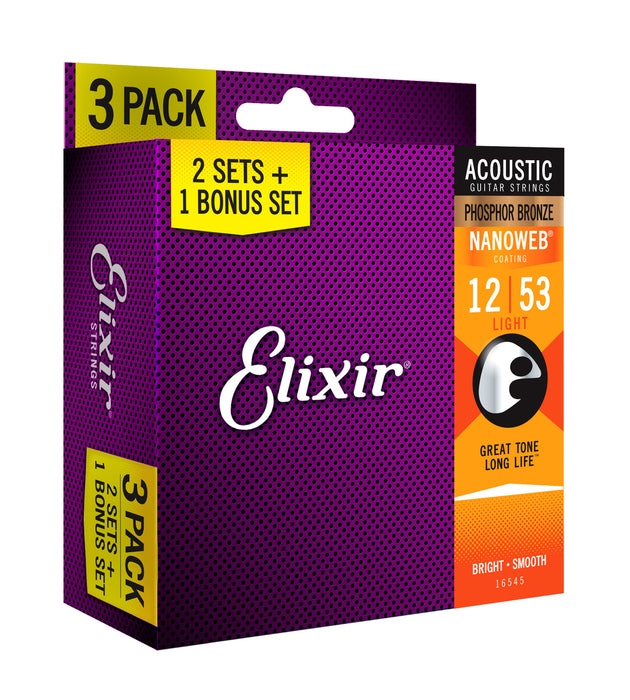 Elixir Nanoweb Phosphor Bronze 3 PACK Acoustic Guitar Strings – Light 12-53