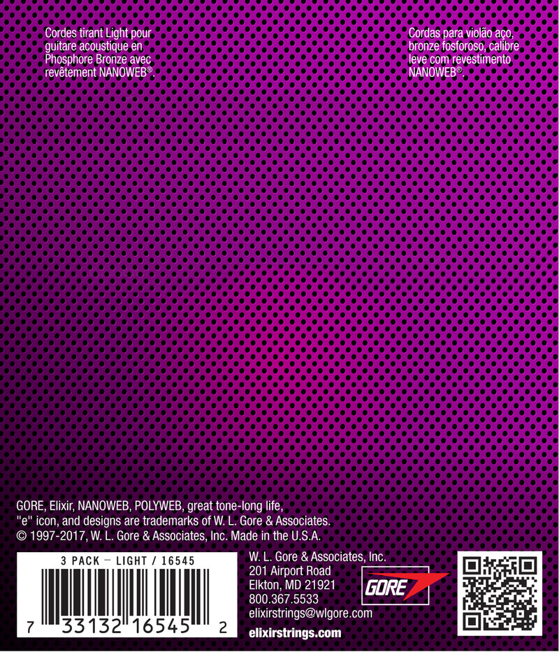 Elixir Nanoweb Phosphor Bronze 3 PACK Acoustic Guitar Strings – Light 12-53