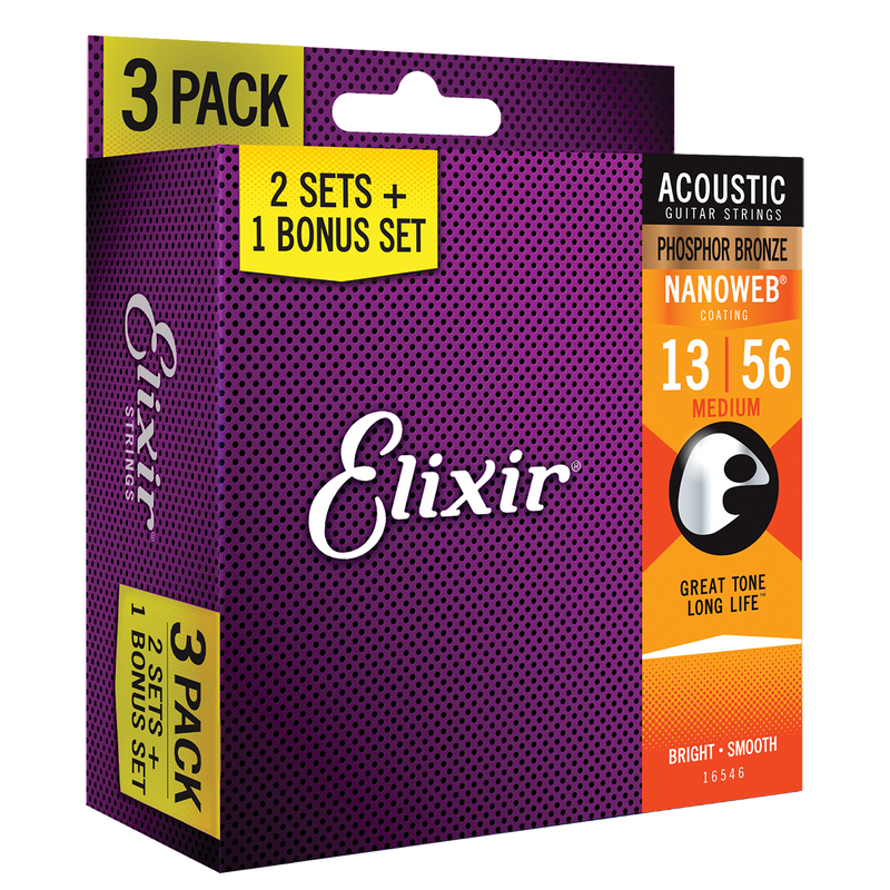 Elixir Nanoweb Phosphor Bronze 3 PACK Acoustic Guitar Strings – Medium 13-56