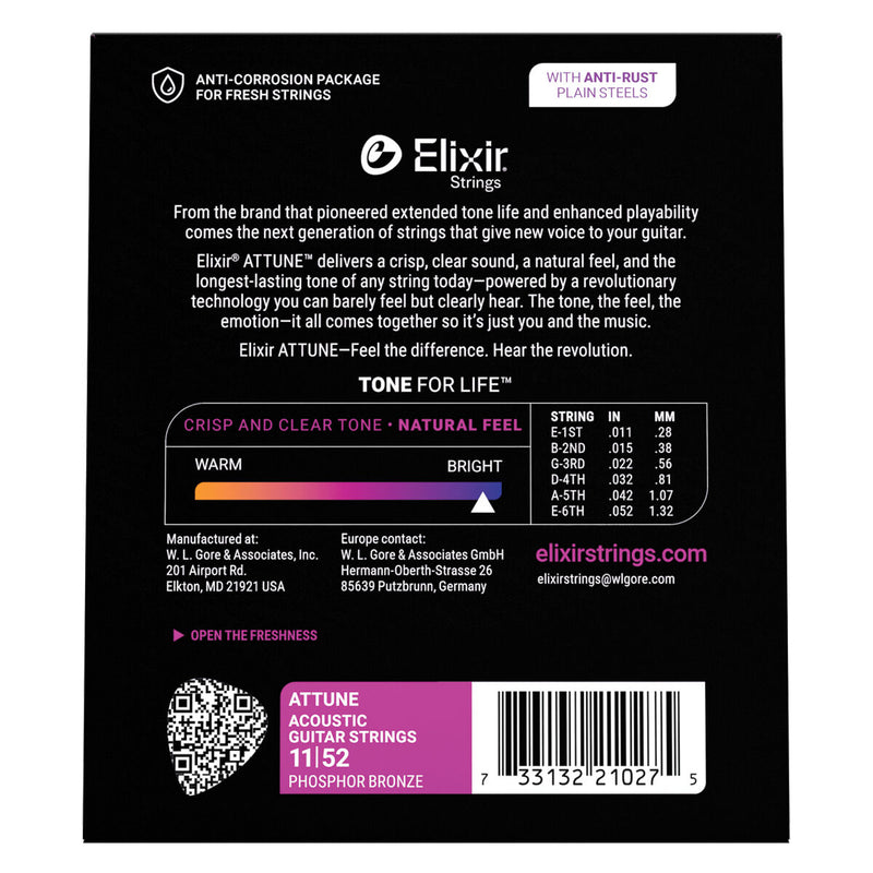 Elixir Attune Acoustic Guitar Strings - Phosphor Bronze Light Gauge 11-52