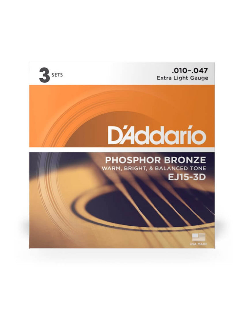 D'addario Acoustic Guitar Strings 3 Pack Set - 10-47 Extra Light