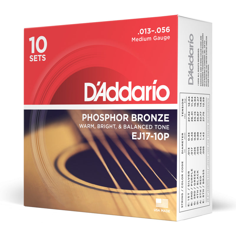 D'addario Acoustic Guitar Strings 10 Pack Set - 13-56 Medium