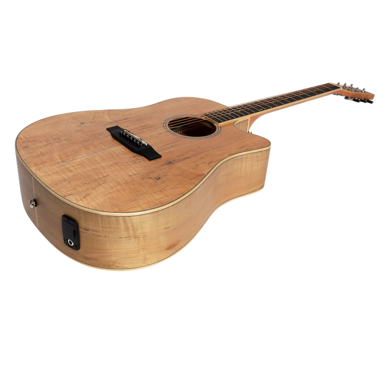 Martinez Spalted Maple Acoustic Electric Dreadnought Guitar w/ Cutaway + Tuner - Natural Satin
