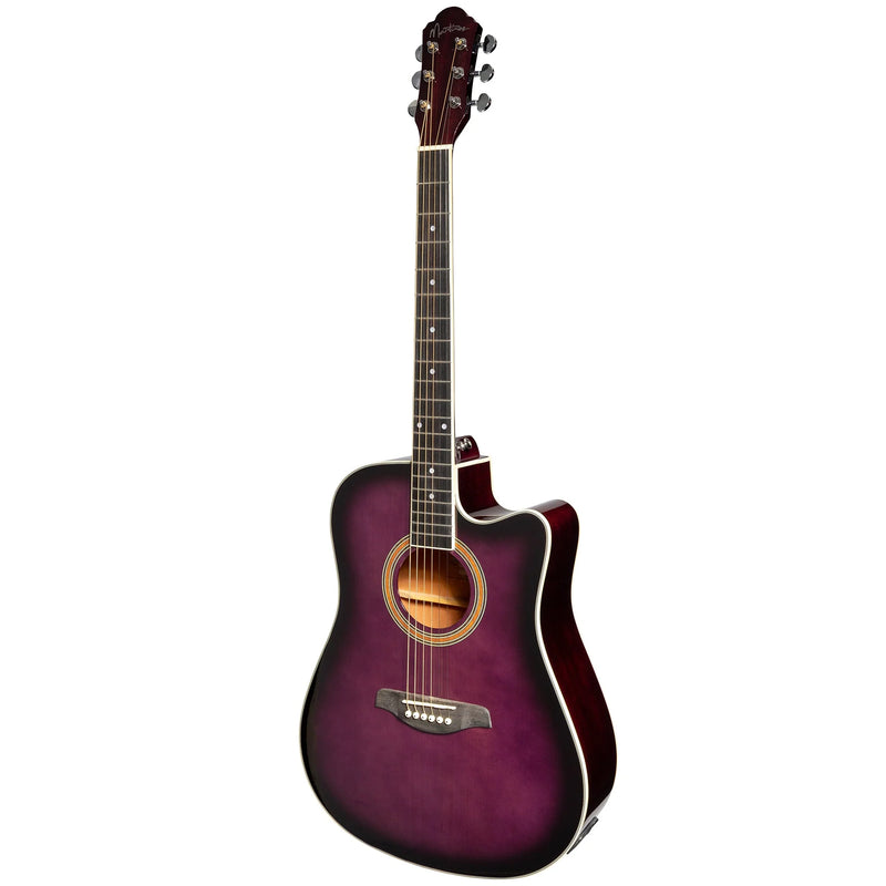Martinez Dreadnought Acoustic Electric Guitar w/ Cutaway + Tuner - Gloss Purple Burst