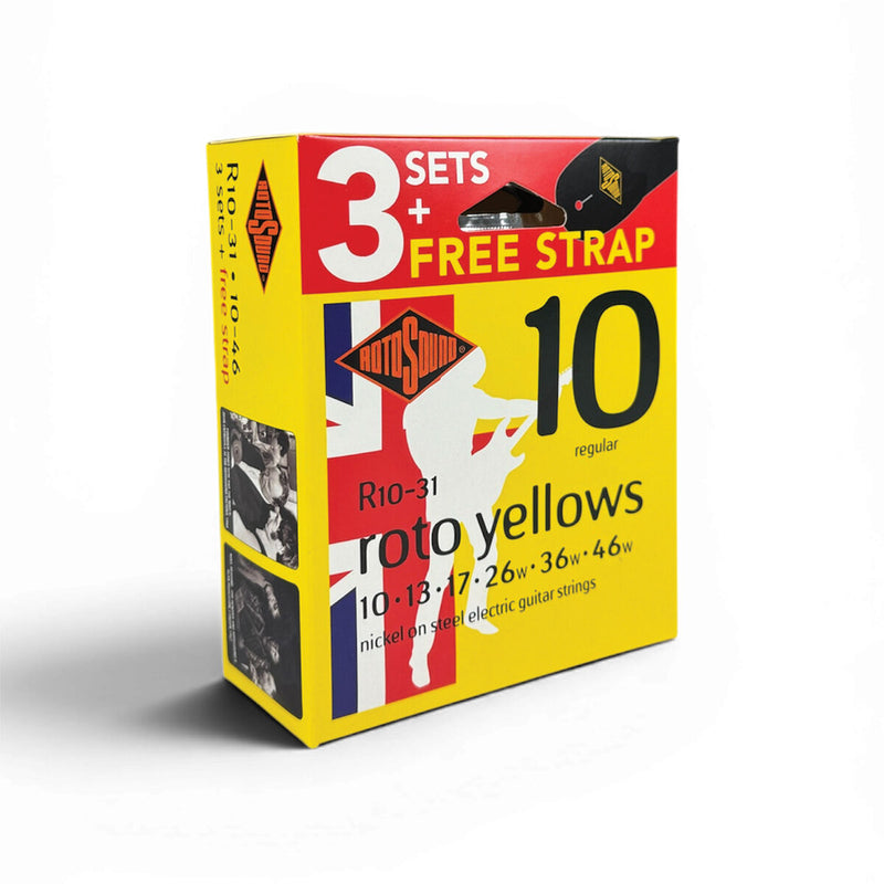 Rotosound Roto Yellows 10-46 Electric Guitar Strings Value Pack (3 Sets + Bonus Strap)