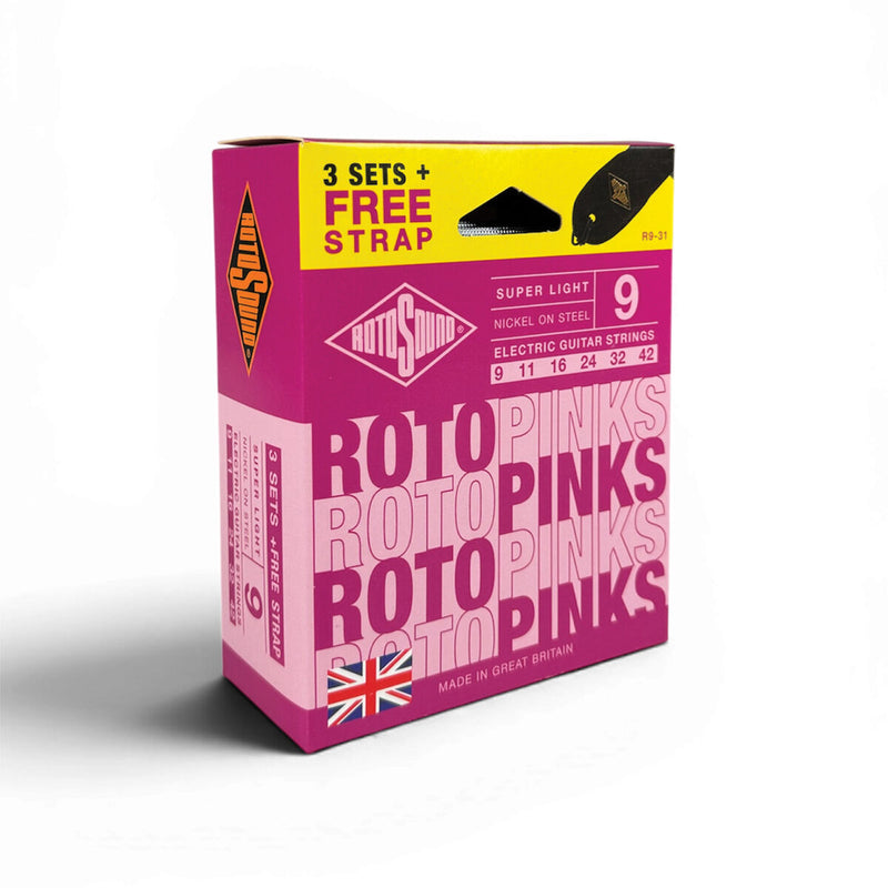 Rotosound Roto Yellows 9-42 Electric Guitar Strings Value Pack (3 Sets + Bonus Strap)
