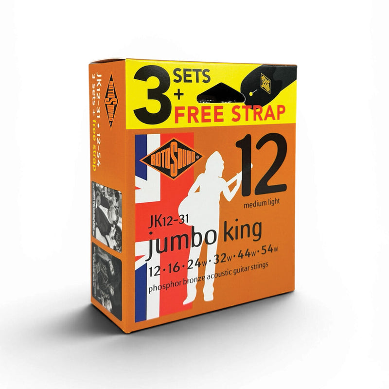 Rotosound Roto Yellows 12-54 Acoustic Guitar Strings Value Pack (3 Sets + Bonus Strap)