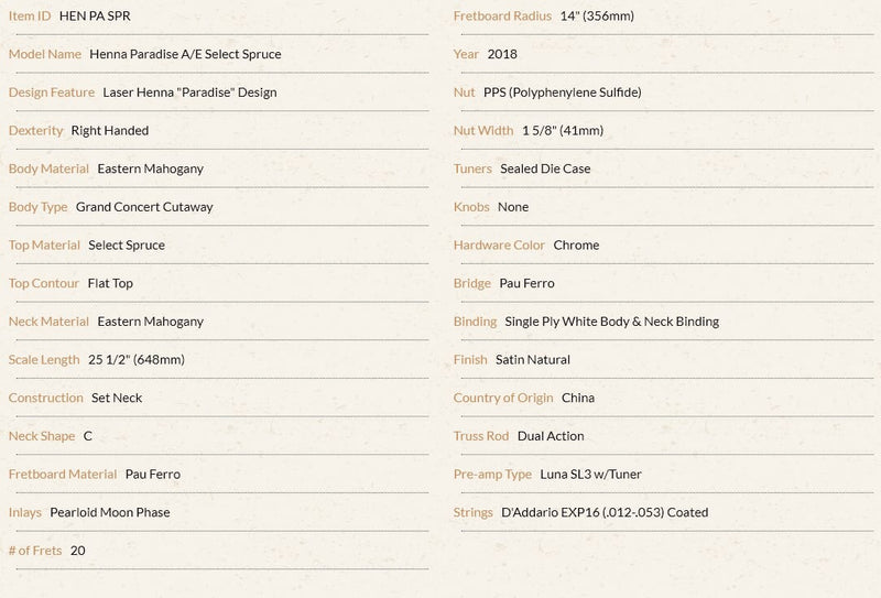 Luna Henna Paradise Acoustic / Electric Guitar