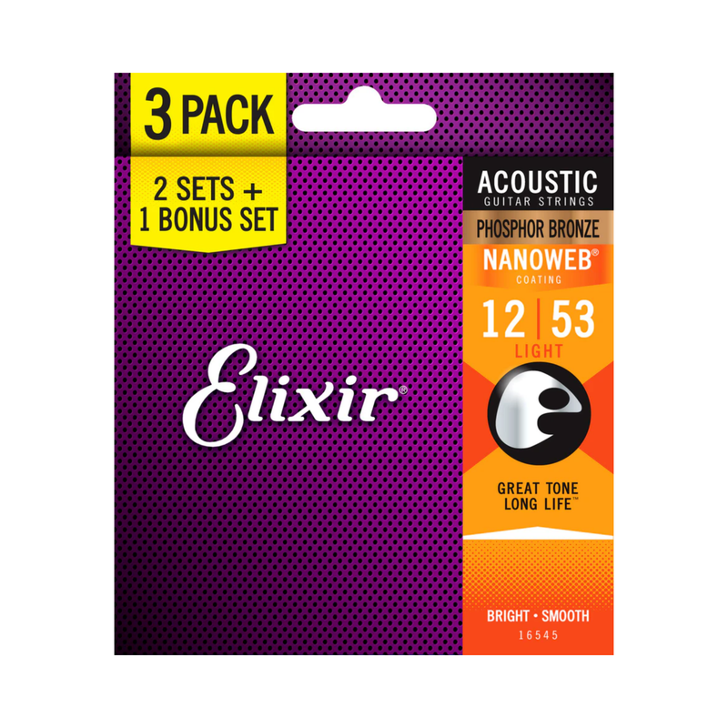 Elixir Nanoweb Phosphor Bronze 3 PACK Acoustic Guitar Strings – Light 12-53