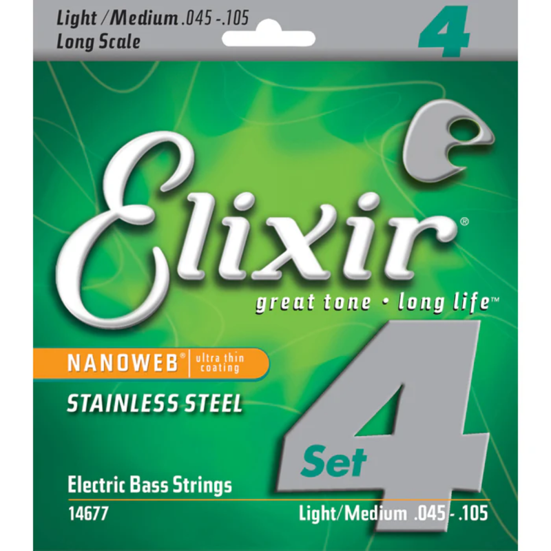 Elixir Nanoweb Stainless Steel Bass Guitar Strings 45-105 Medium