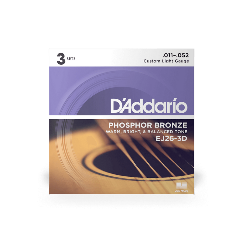 D'addario Acoustic Guitar Strings 3 Pack Set - 11-52 Custom Light