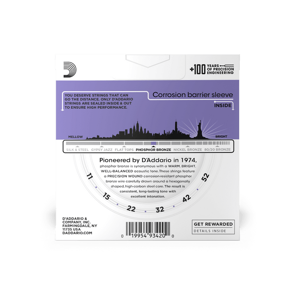 D'addario Acoustic Guitar Strings 3 Pack Set - 11-52 Custom Light