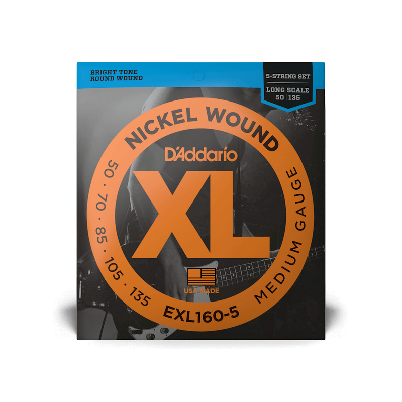 D'addario XL Nickel Wound 5-String Bass Guitar Strings - 50-135 Medium Long Scale