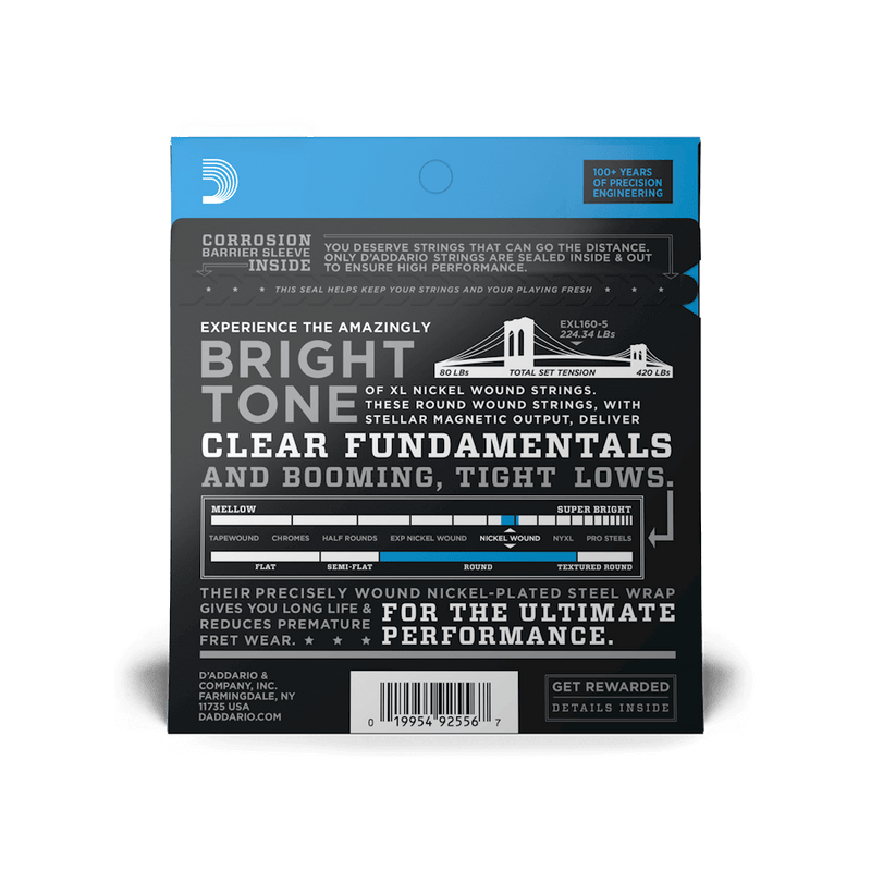 D'addario XL Nickel Wound 5-String Bass Guitar Strings - 50-135 Medium Long Scale
