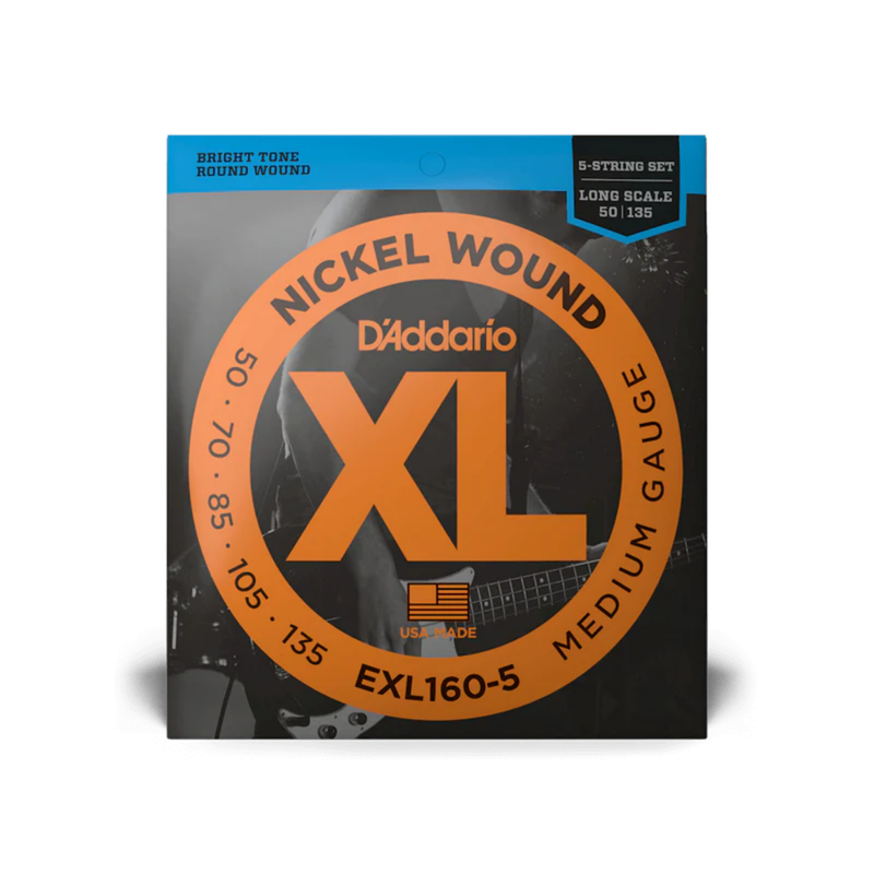 D'addario XL Nickel Wound 5-String Bass Guitar Strings - 50-135 Medium Long Scale