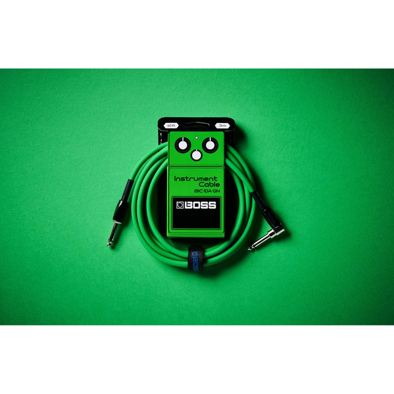 BOSS BIC10AGN Instrument Cable 10ft / 3m - Angled to Straight - Green