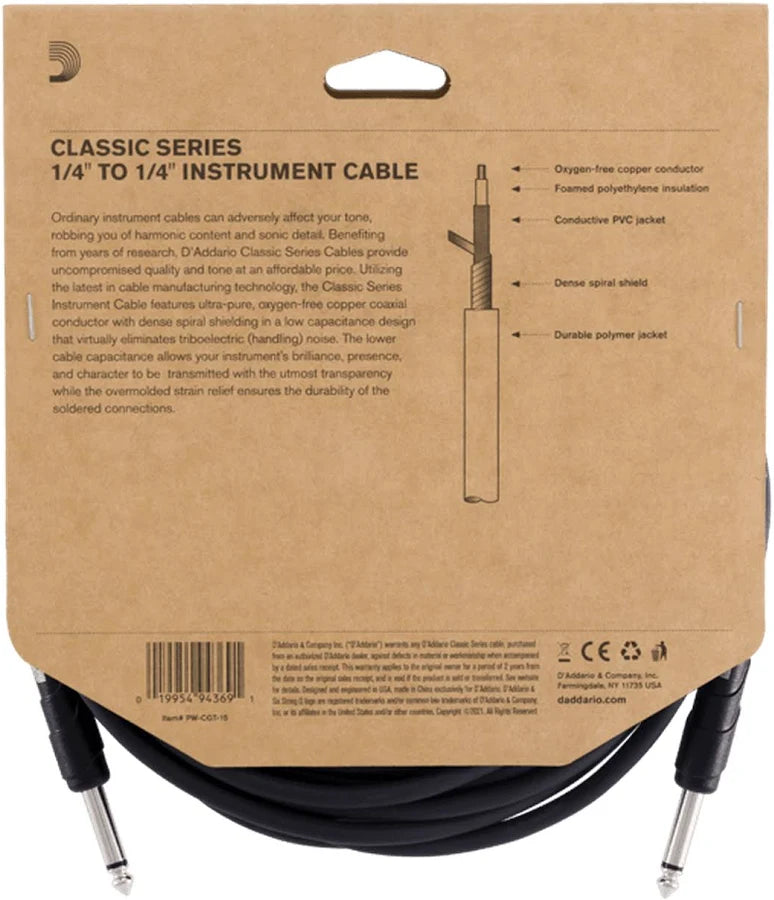 D'Addario 15ft / 4.5m Classic Series Instrument Cable - 1/4 Inch Jack