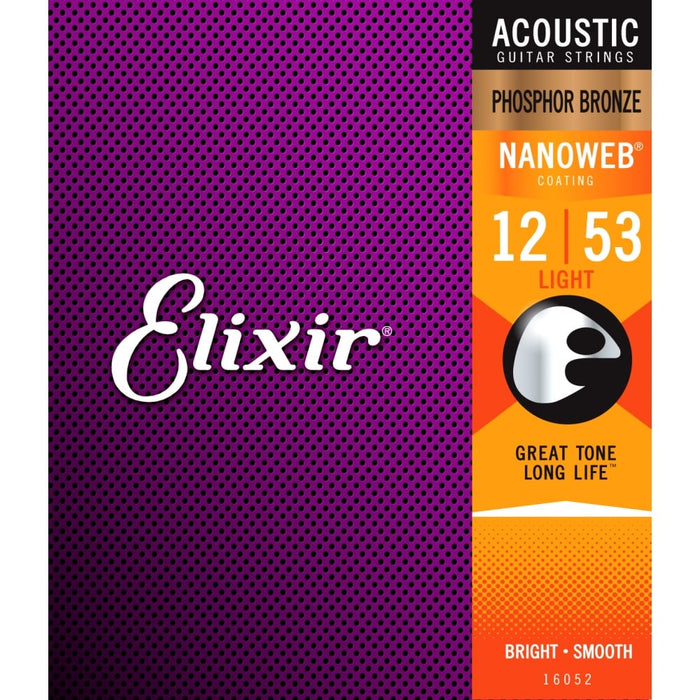 Elixir Nanoweb Phosphor Bronze Acoustic Guitar Strings – Light 12-53