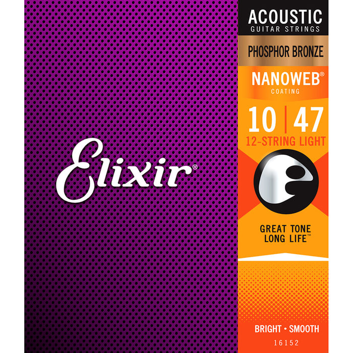 Elixir Nanoweb Phosphor Bronze 12-String Acoustic Guitar Strings – Light 10 - 47