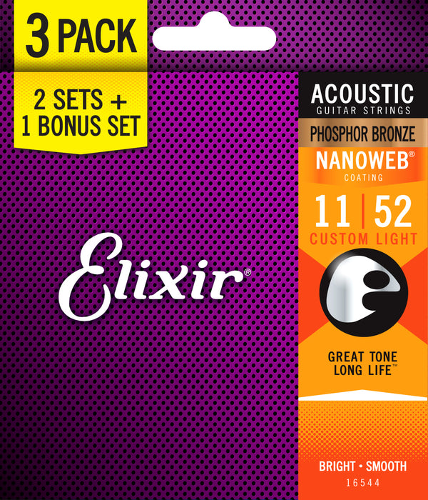 Elixir Nanoweb Phosphor Bronze 3 PACK Acoustic Guitar Strings – Custom Light 11-52