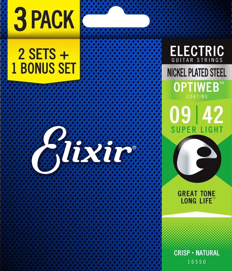 Elixir Optiweb 3 PACK Electric Guitar Strings – Super Light 9-42